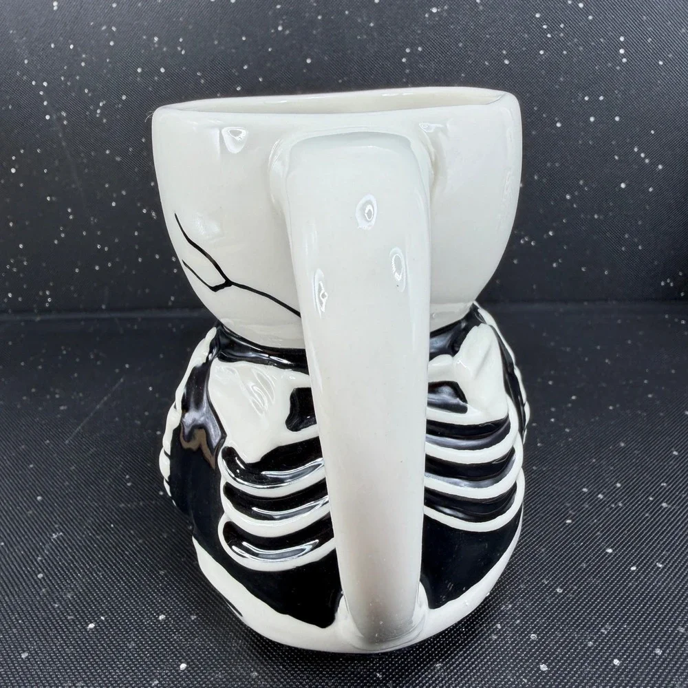 Pottery Barn Skeleton Mugs Set of 2 Black White Ceramic Halloween Coffee Cups